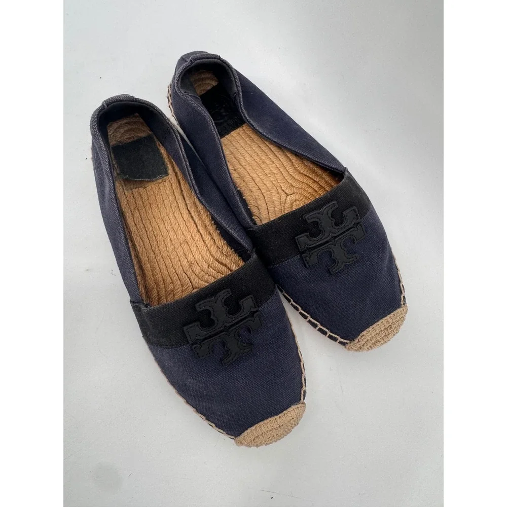 Tory Burch Weston Flat Espadrilles Women 8 Navy Blue Canvas Logo